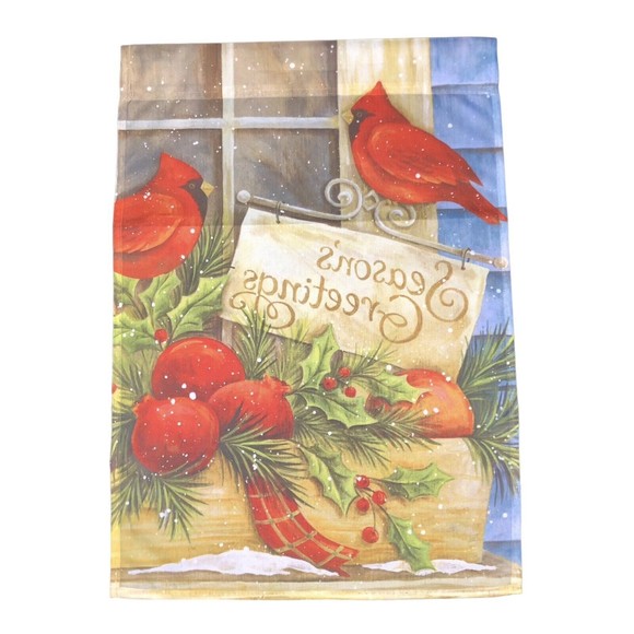 SEASON'S GREETINGS CHRISTMAS GARDEN FLAG SUEDE 12.5" x 18" CARDINAL - Picture 2 of 9
